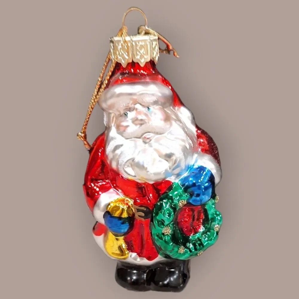 Jolly Santa Blue Gloves Horn Christmas Wreath Ornament Blown Glass Pacconi 2002